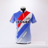 1985 white, red and blue Peugeot Cycles Cycling team race jersey, scarce, polyester short-sleeved