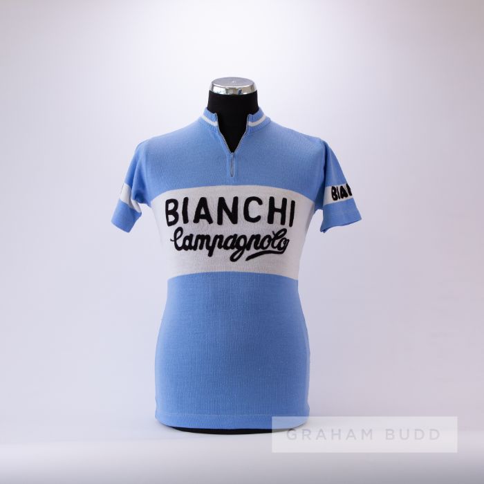 1970s light blue and white vintage Bianchi Campagnolo Cycling race jersey, scarce, acrylic short-