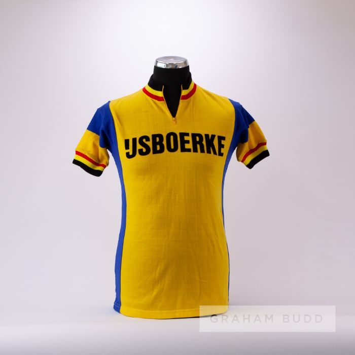 A yellow, blue and red vintage Usboerke Belgium Cycling team race jersey, scarce, acrylic short-