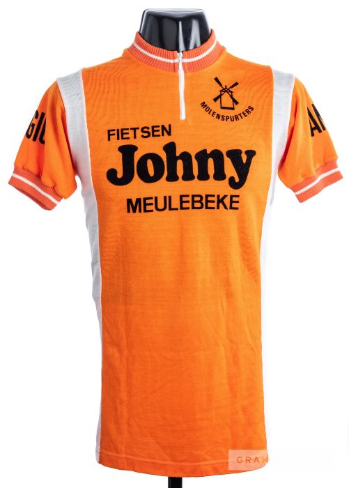 1984 orange and white Johny Meulebeke Cycling race/tour jersey, scarce, acrylic short-sleeved jersey