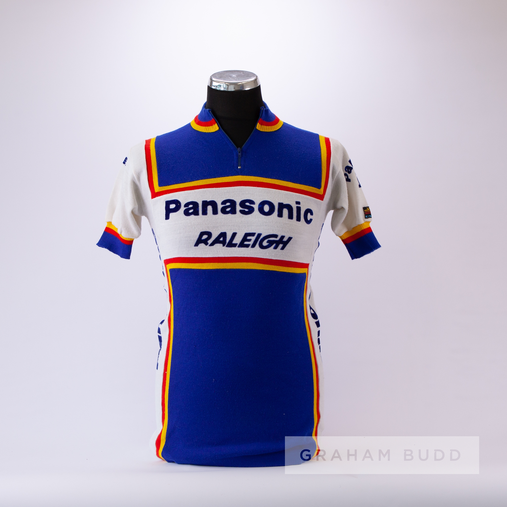1984 blue, yellow, red and white Panasonic Raleigh Cycling race jersey, scarce, acrylic short- - Image 3 of 4