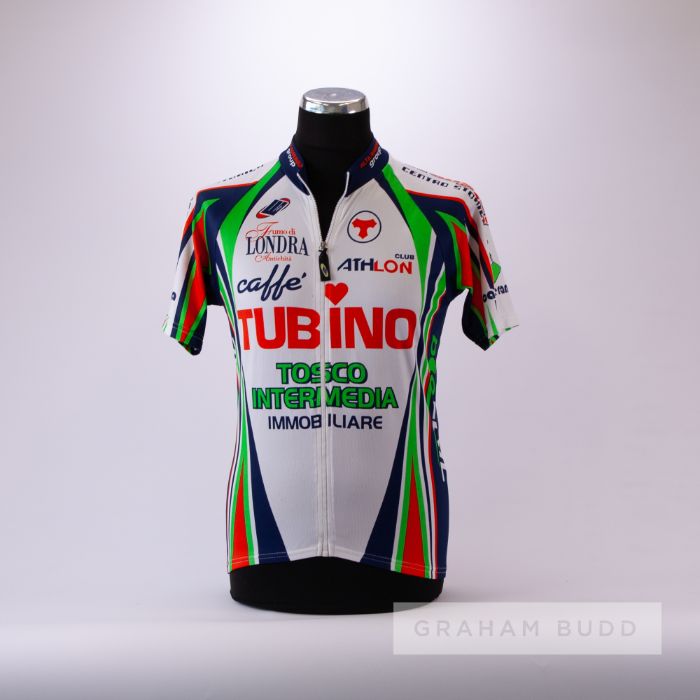 1995 white, navy, green and orange Italian Tubino Tosco Cycling race jersey, scarce, polyester