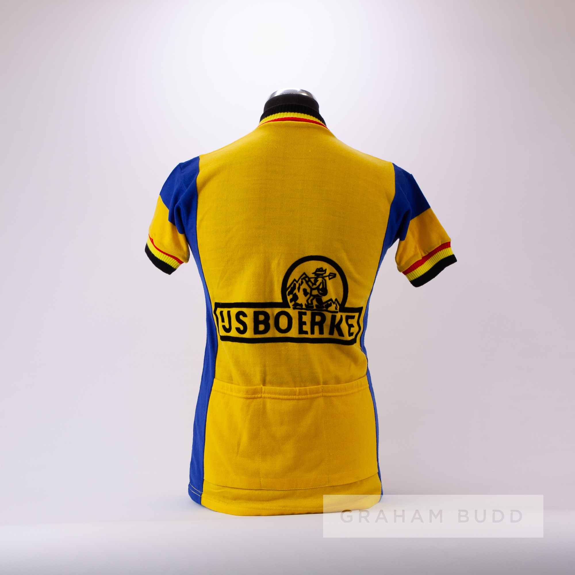 A yellow, blue and red vintage Usboerke Belgium Cycling team race jersey, scarce, acrylic short- - Image 4 of 4