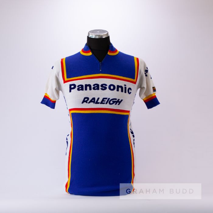 1984 blue, yellow, red and white Panasonic Raleigh Cycling race jersey, scarce, acrylic short-