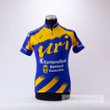 1998 blue and yellow Santini Kantonal Bank Cycling race jersey, scarce, polyester and nylon short-