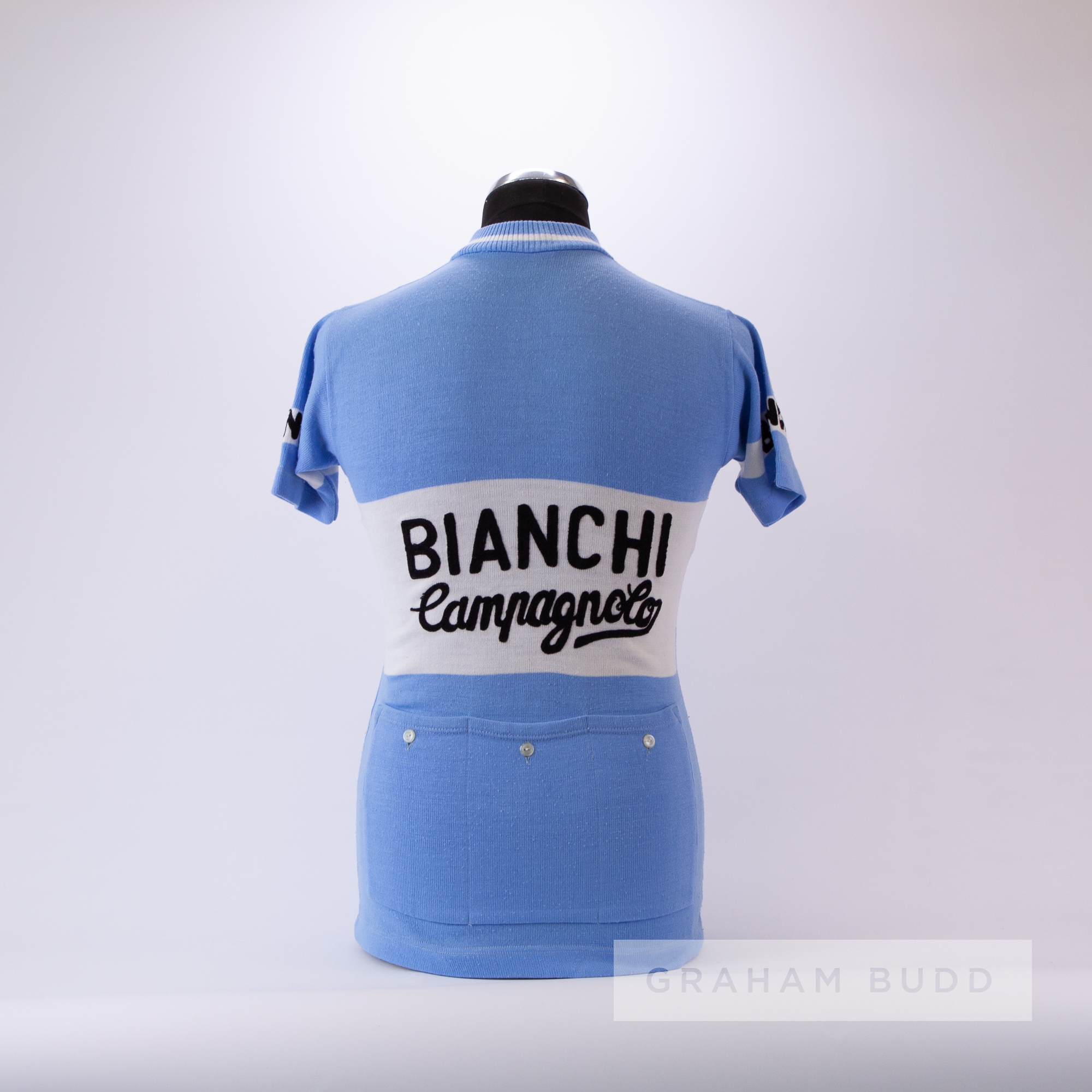 1970s light blue and white vintage Bianchi Campagnolo Cycling race jersey, scarce, acrylic short- - Image 4 of 4