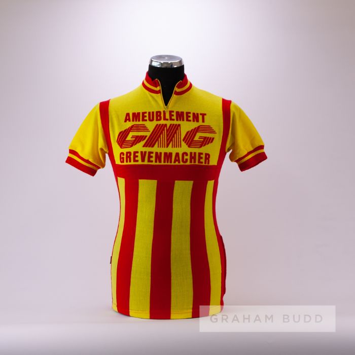 1973 yellow and red vintage GMG Ameublement Cycling race jersey, scarce, acrylic short-sleeved