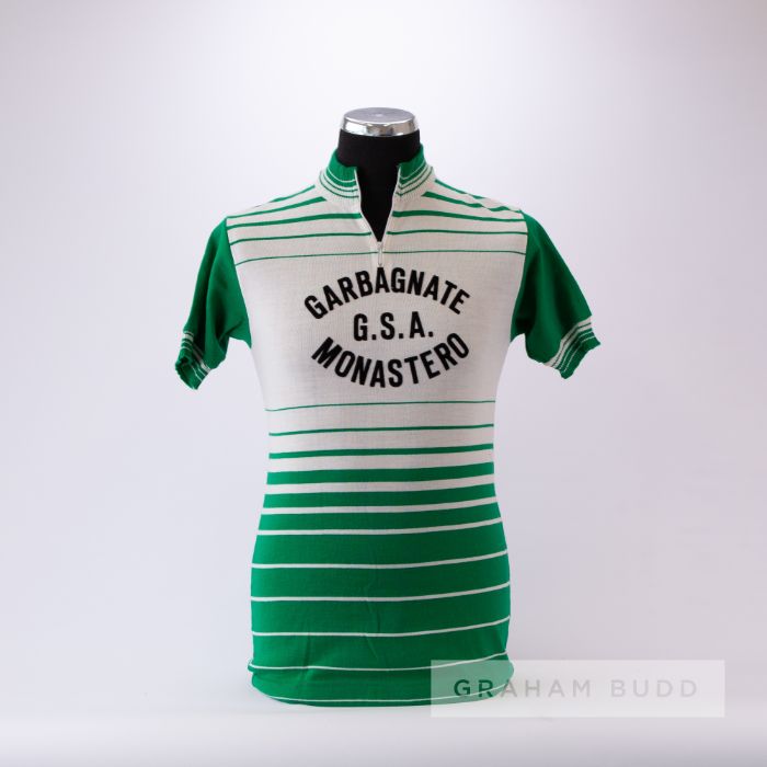 1974 green and white vintage Italian Garbagnate Monastero Cycling race jersey, scarce, wool and