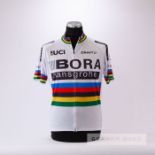 A white, red, blue, black, green and yellow Bora Hansgrove World Pro UCI World replica Cycling