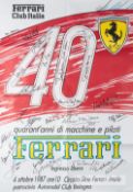 Ferrari car manufacturers' 40th anniversary poster, dated 4th October 1987, red and white poster