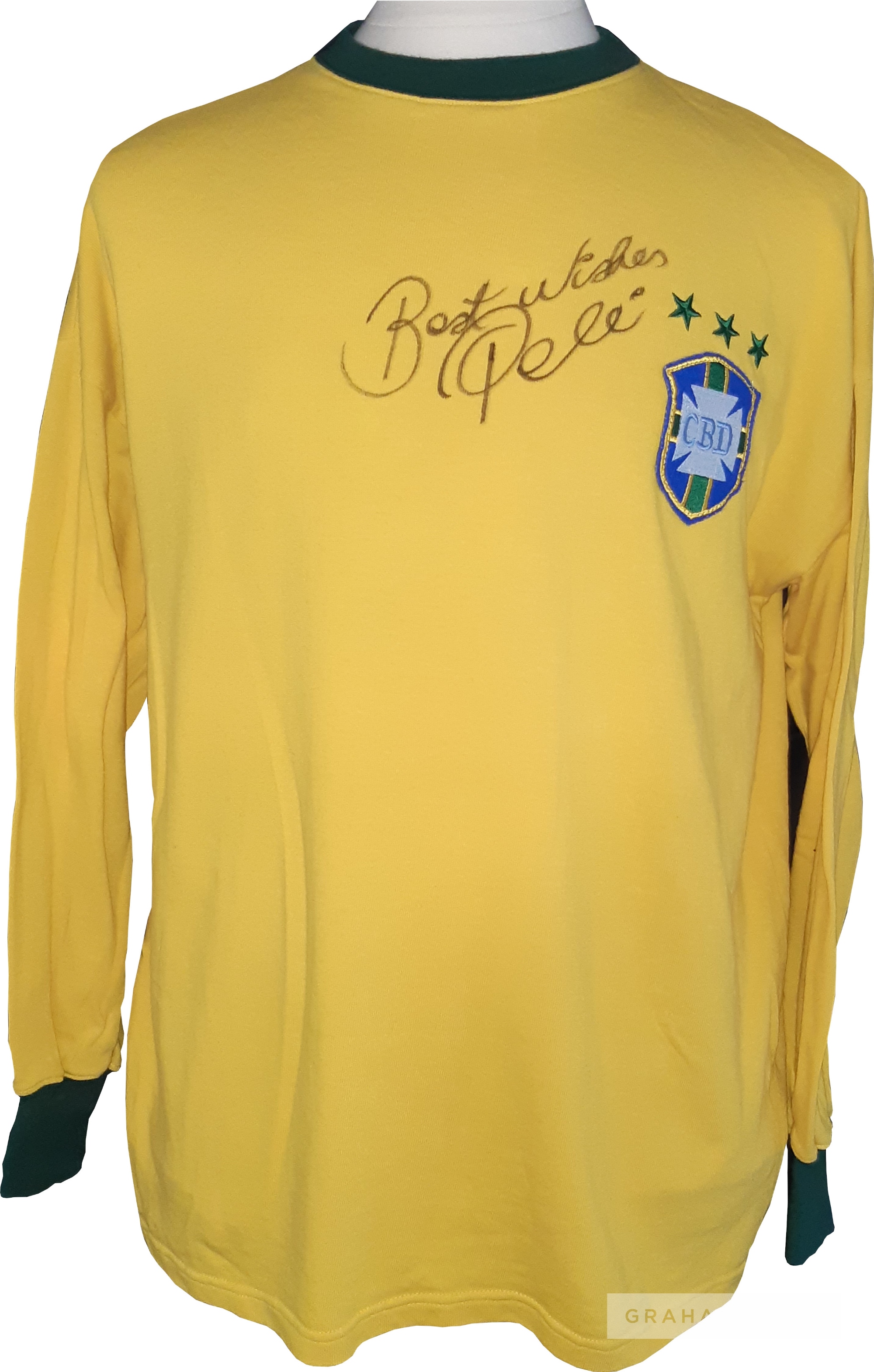 Pele signed yellow Brazil retro jersey 1970 Mexico World Cup, Toffs brand, long-sleeved, with