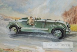 Watercolour of the Ex-Birkin 'Blower' Bentley on the road, signed with initials RR and dated '46,