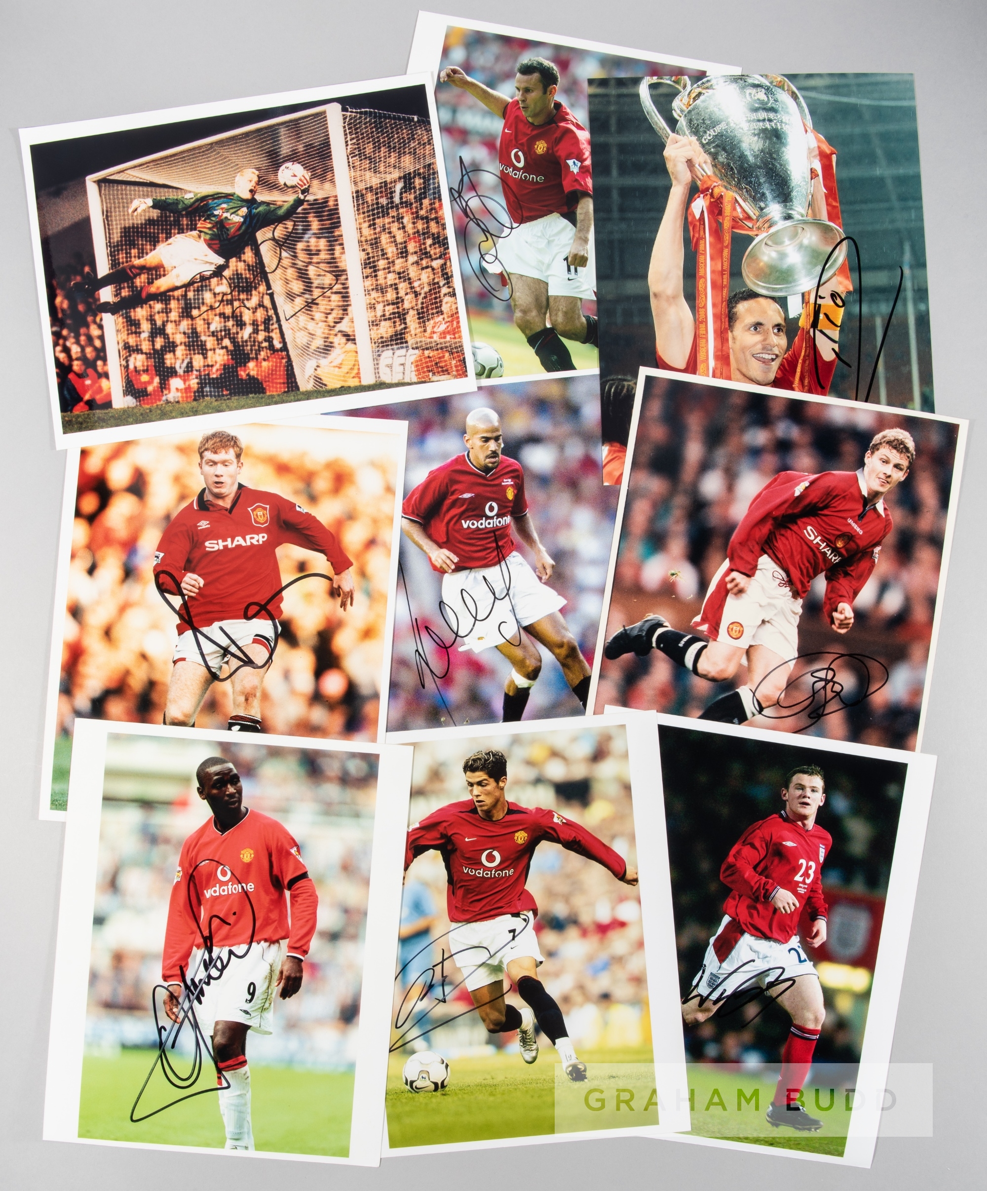 Signed Manchester United colour photographs of legendary players, 10 by 8in. including Ronaldo,