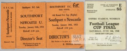 Two FA Cup tickets from 1932 and 1940, an unused Southport v Newcastle United FA fourth round replay