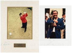 Four signed framed colour photographs of the legendary golfers Arnold Palmer, Tom Watson, Seve