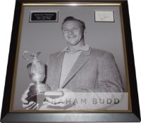 Arnold Palmer signed b&w photograph, featuring the legendary golfer holding the claret jug and his