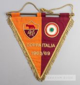 Official AS Roma pennant issued for the 1968-69 Copa Italia, orange and maroon silk ground with
