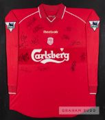 A team signed red Liverpool home replica jersey, season 2000-02, long-sleeved, THE FA PREMIER LEAGUE