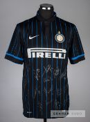 Signed black and blue striped Inter Milan replica jersey, season 2014-15, short-sleeved with club