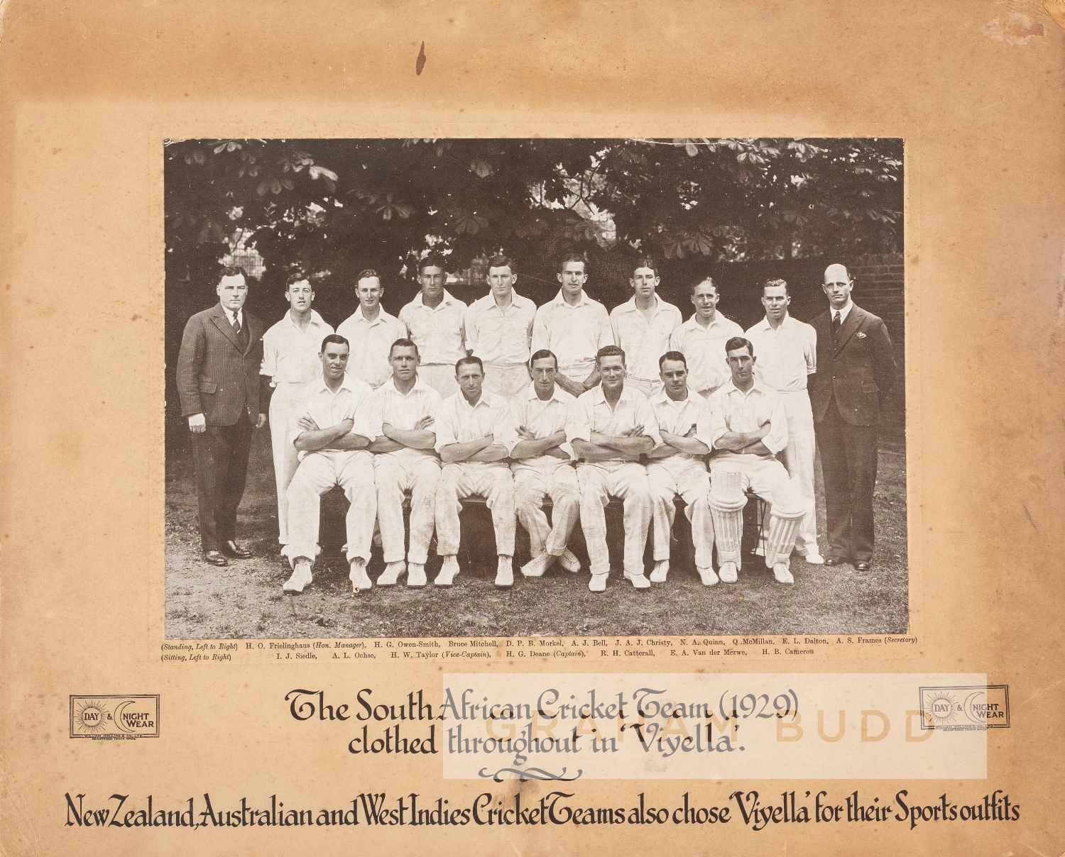 Black and white photograph of the 1929 South African cricket team, with printed legend below and