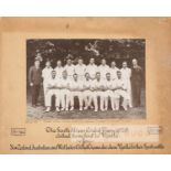 Black and white photograph of the 1929 South African cricket team, with printed legend below and