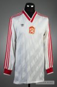 White Czechoslovakia No.3 away jersey circa 1987, by Adidas, long-sleeved, with red stripes,