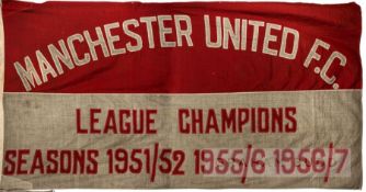 Large Manchester United League Champions flag, c1950s, rectangular, with red and grey ground,