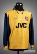 Dennis Bergkamp yellow and navy Arsenal No.10 away player spec jersey, season 1996-97, long-sleeved,