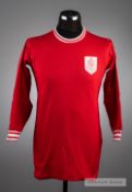 Red AFC Bournemouth No.7 home jersey circa 1965, by Bukta, long-sleeved white hooped collar and
