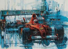 Watercolour of a Ferrari on pole at a F1 Grand Prix, signed Lepac, mounted framed & glazed,