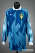 Tomas Ravelli blue Sweden No.1 goalkeeping jersey, worn in the match v Wales on 26th April 1989,