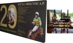A.P. McCoy signed retirement tribute canvas with images and statistics, lettered WE'LL MISS YOU A.P.