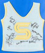 Two multi-signed 2004 Superstars Olympic Special Edition competitors’ singlets, one a yellow and