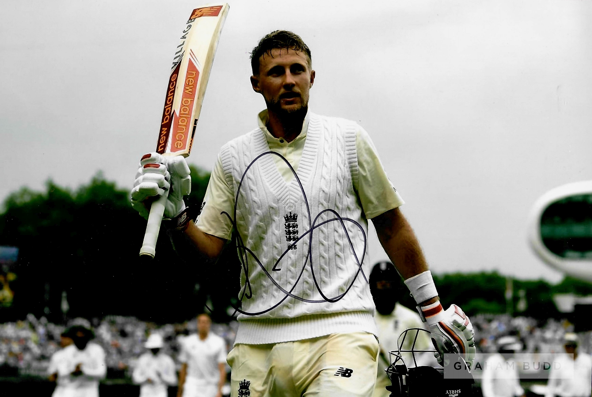 Joe Root (England) signed New Balance mini-bat and action photograph, colour photo 8 by 12in.,