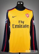 Emmanuel Eboue yellow Arsenal No.27 away jersey, season 2008-9, long-sleeved, BARCLAYS PREMIER