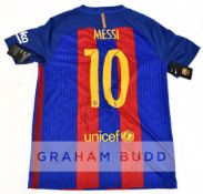 Lionel Messi signed red and royal blue Barcelona No.10 home replica jersey, season 2016-17, short-