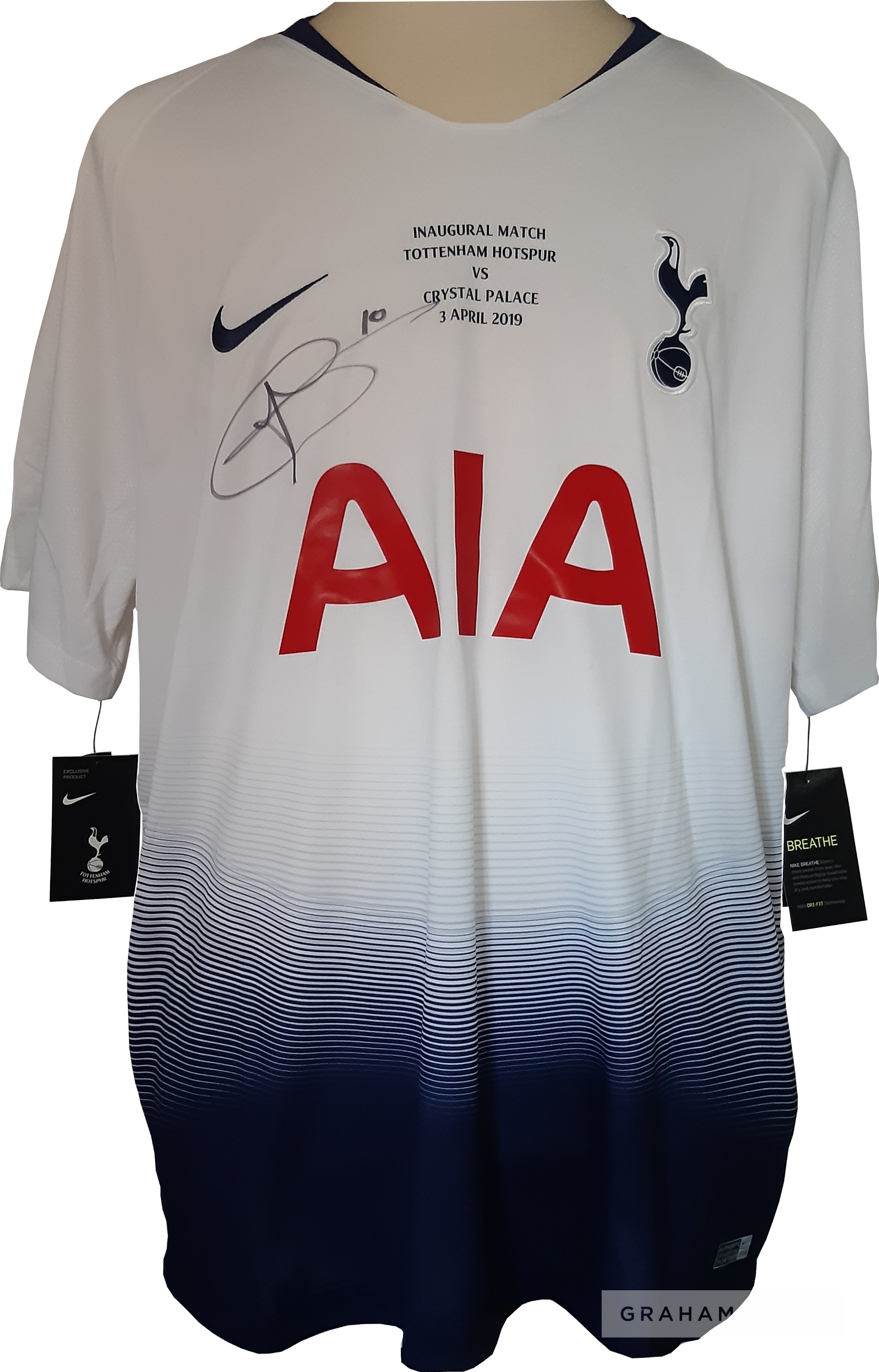 Harry Kane signed white Tottenham Hotspur replica jersey season 2018-19, commemorating the first