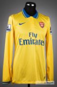 Nacho Monreal yellow and blue Arsenal No.17 away jersey, season 2013-14, long-sleeved, BARCLAYS