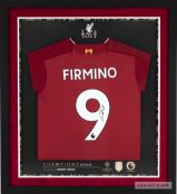 Roberto Firmino signed red Liverpool No. 9 Premier League winners 2019-20 framed replica jersey,