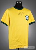 Pele signed yellow Brazil retro jersey, short-sleeved with green collar and CBD crest, signed PELE