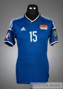 Seyhan Yildiz blue Liechtenstein No. 15 home jersey in the UEFA 2016 Euro Qualifiers, short-