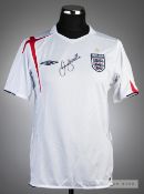 David Beckham signed white England 2005-07 home replica jersey, short-sleeved, embroidered with