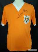 Alan Ball and Jimmy Armfield dual signed tangerine Blackpool FC replica jersey vintage 1958–1962,