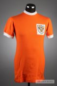 Tangerine Blackpool No.2 home jersey circa 1964, by Umbro, short-sleeved, white collar and cuffs,
