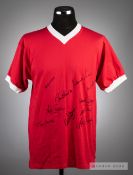Manchester United Legends signed red retro jersey,  long-sleeved, signed in black marker pen by