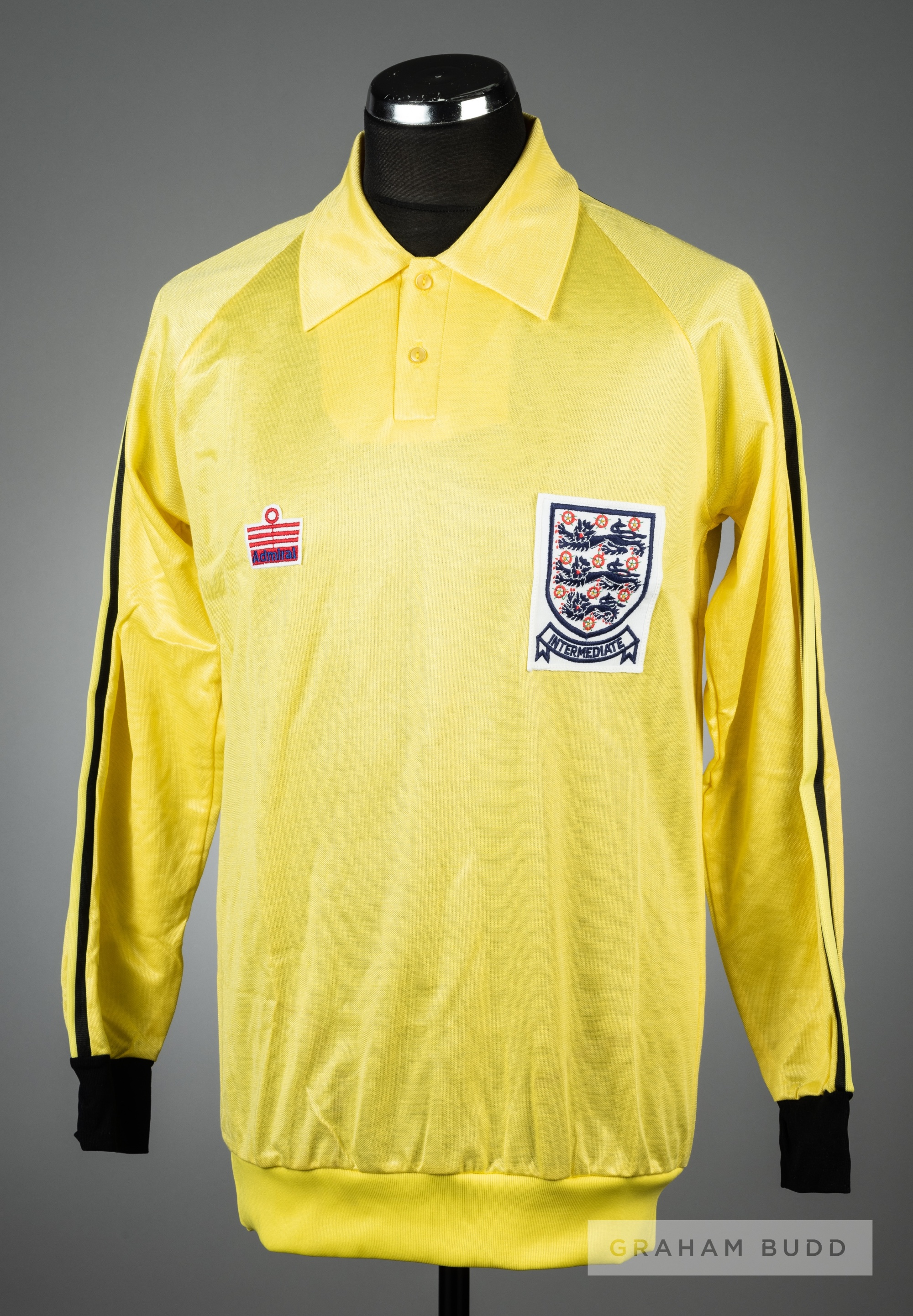 John Lukic yellow England No.1 intermediate goalkeeping jersey dating from 1981, by Admiral, long-