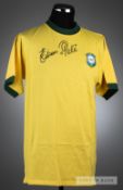 Pele signed yellow Brazil retro jersey, short-sleeved with green collar and C.B.D crest, signed