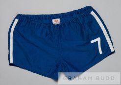 Blue and white Chelsea No.7 shorts, circa 1969, the blue shorts with number 7 in white stitched onto