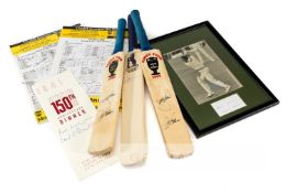Signed cricket memorabilia, comprising a trio of mini-bats, two double-signed by Dennis Lillee and