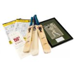 Signed cricket memorabilia, comprising a trio of mini-bats, two double-signed by Dennis Lillee and